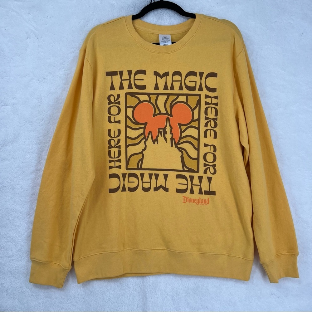 NWT Disney Adult M Mustard Yellow Crewneck Sweatshirt Psychadelic 60s 70s Design